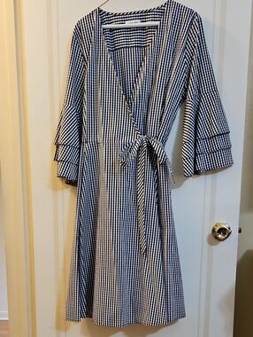 Calvin Klein Black and White Gingham Wrap Midi Dress, Size 12